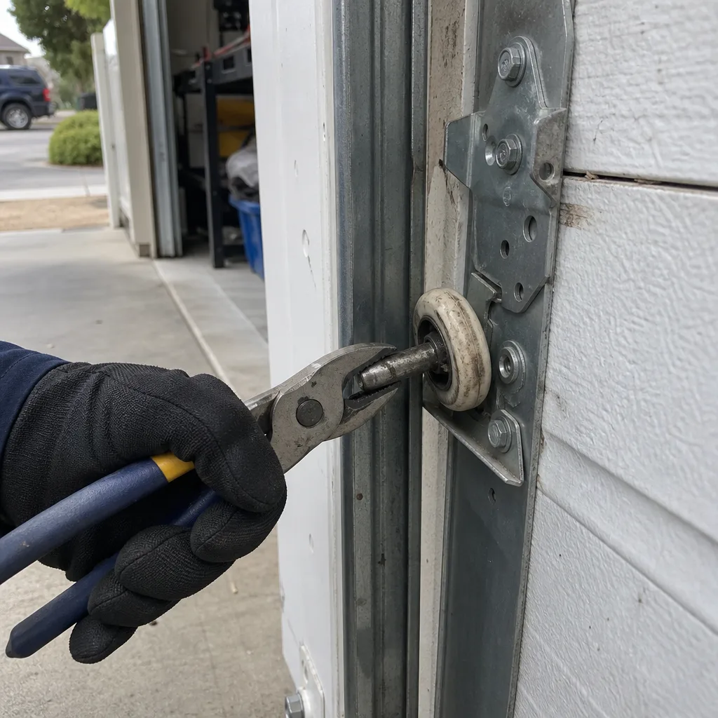 Technician repairing a garage door roller with pliers