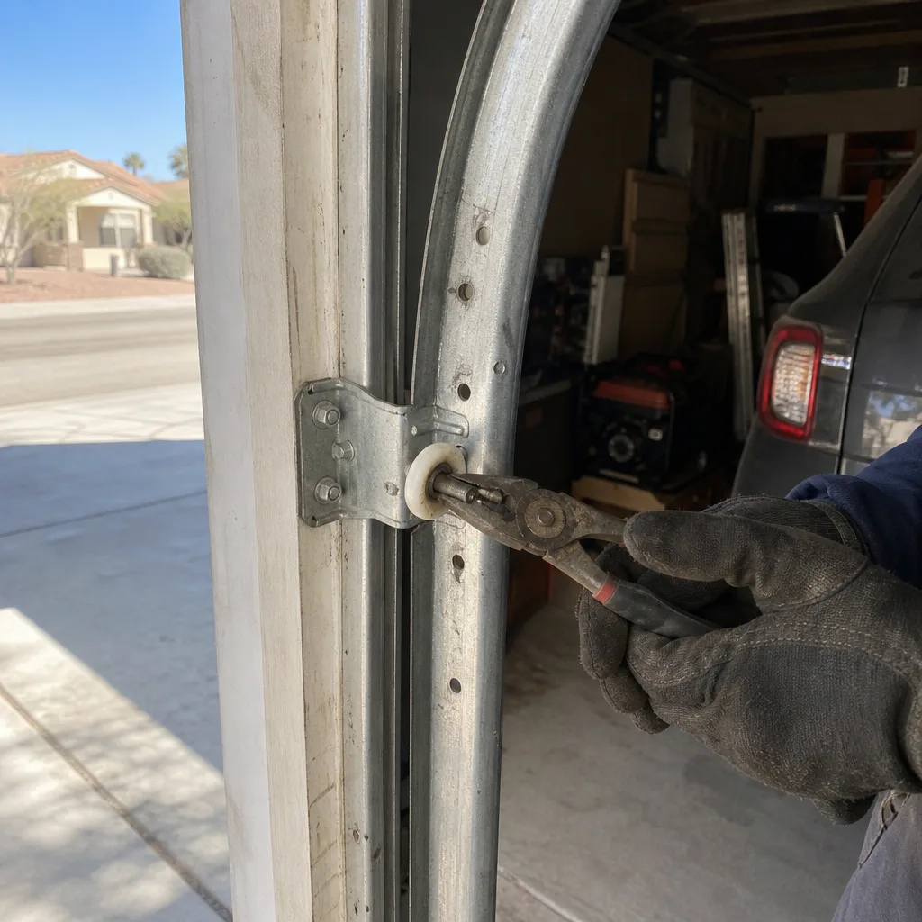 Technician using pliers to perform professional garage door roller repair