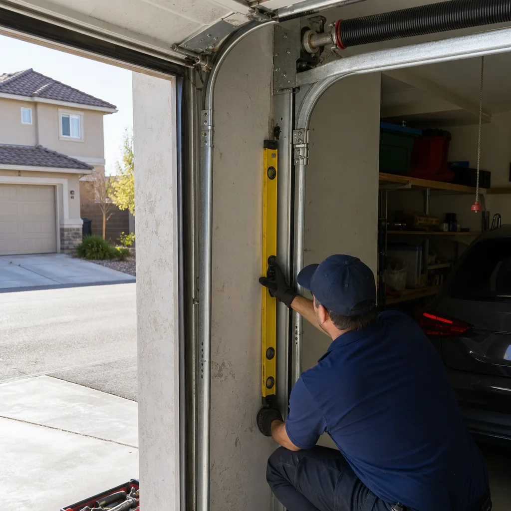 Technician checking the alignment of a garage door track with a level