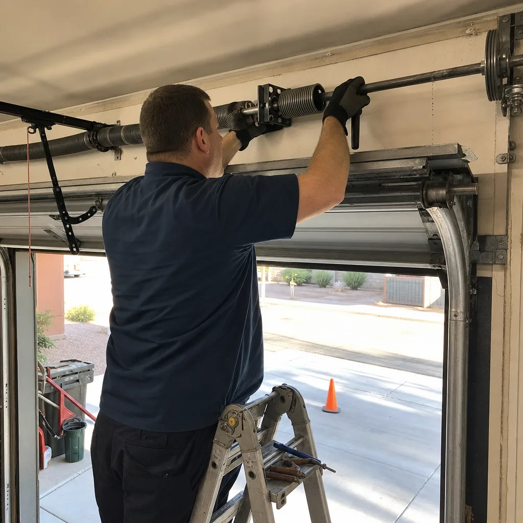 Technician performing professional garage door torsion spring repair
