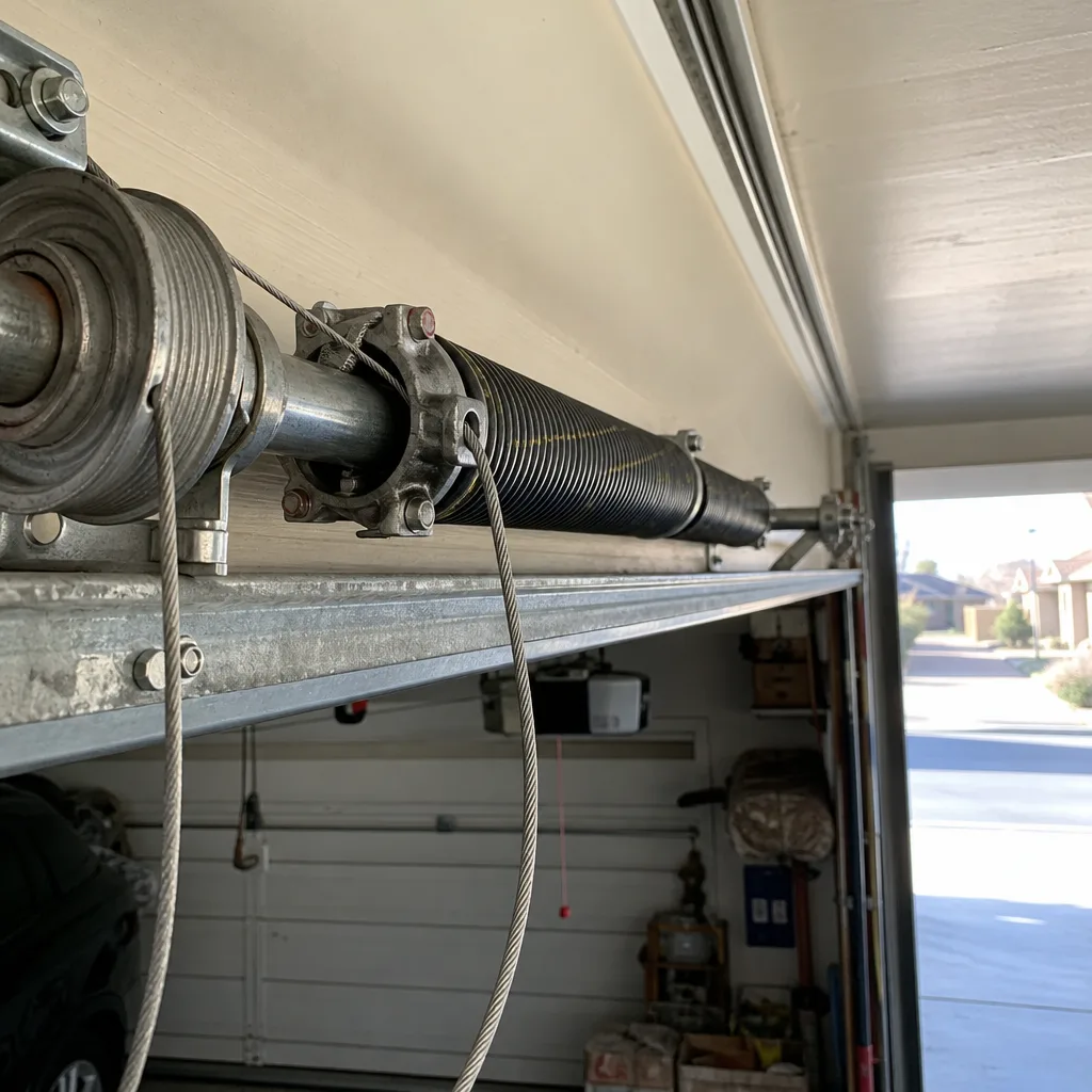 Close-up of a residential garage door torsion spring and cable repair